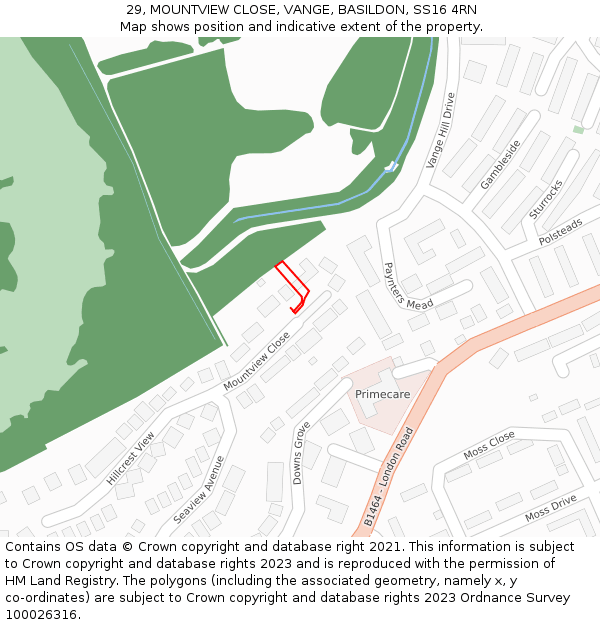 29, MOUNTVIEW CLOSE, VANGE, BASILDON, SS16 4RN: Location map and indicative extent of plot