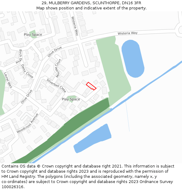 29, MULBERRY GARDENS, SCUNTHORPE, DN16 3FR: Location map and indicative extent of plot