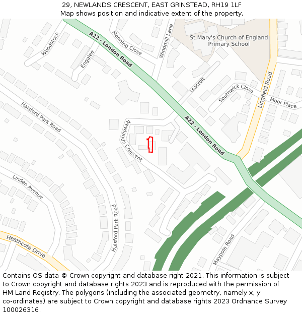 29, NEWLANDS CRESCENT, EAST GRINSTEAD, RH19 1LF: Location map and indicative extent of plot
