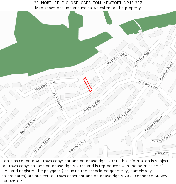 29, NORTHFIELD CLOSE, CAERLEON, NEWPORT, NP18 3EZ: Location map and indicative extent of plot