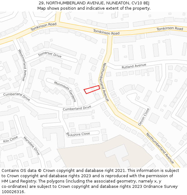 29, NORTHUMBERLAND AVENUE, NUNEATON, CV10 8EJ: Location map and indicative extent of plot