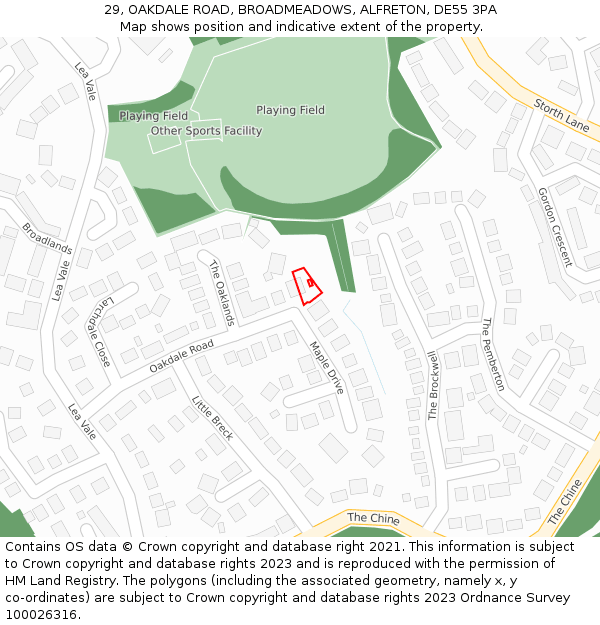 29, OAKDALE ROAD, BROADMEADOWS, ALFRETON, DE55 3PA: Location map and indicative extent of plot