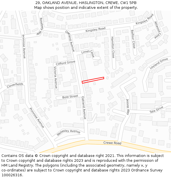 29, OAKLAND AVENUE, HASLINGTON, CREWE, CW1 5PB: Location map and indicative extent of plot