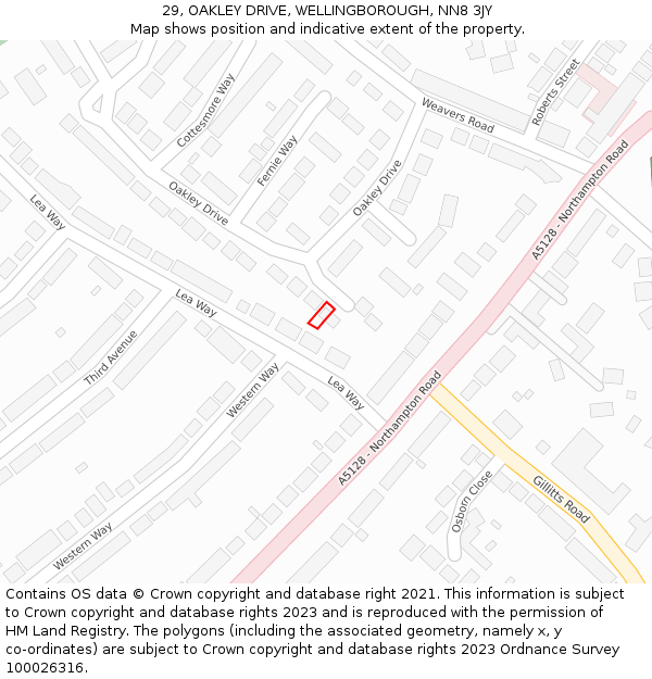 29, OAKLEY DRIVE, WELLINGBOROUGH, NN8 3JY: Location map and indicative extent of plot