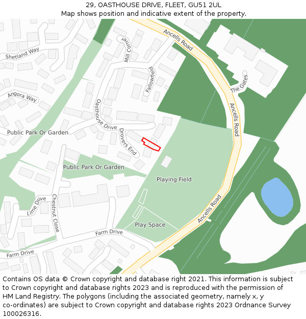 29, OASTHOUSE DRIVE, FLEET, GU51 2UL: Location map and indicative extent of plot