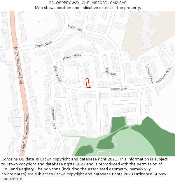 29, OSPREY WAY, CHELMSFORD, CM2 8AP: Location map and indicative extent of plot