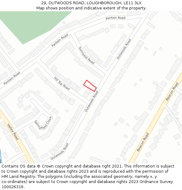 29, OUTWOODS ROAD, LOUGHBOROUGH, LE11 3LX: Location map and indicative extent of plot