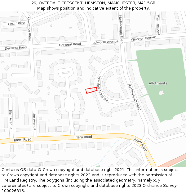 29, OVERDALE CRESCENT, URMSTON, MANCHESTER, M41 5GR: Location map and indicative extent of plot