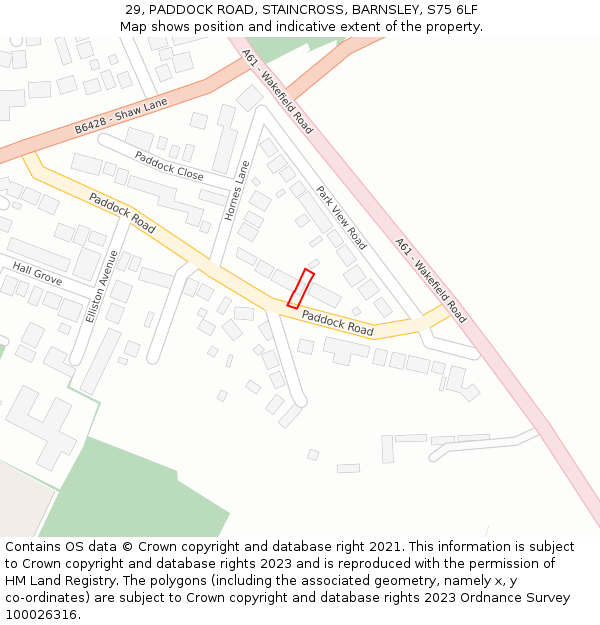 29, PADDOCK ROAD, STAINCROSS, BARNSLEY, S75 6LF: Location map and indicative extent of plot