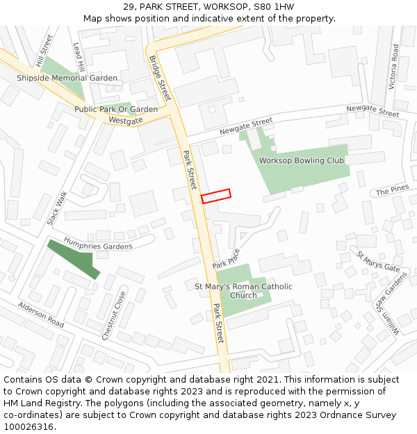 29, PARK STREET, WORKSOP, S80 1HW: Location map and indicative extent of plot