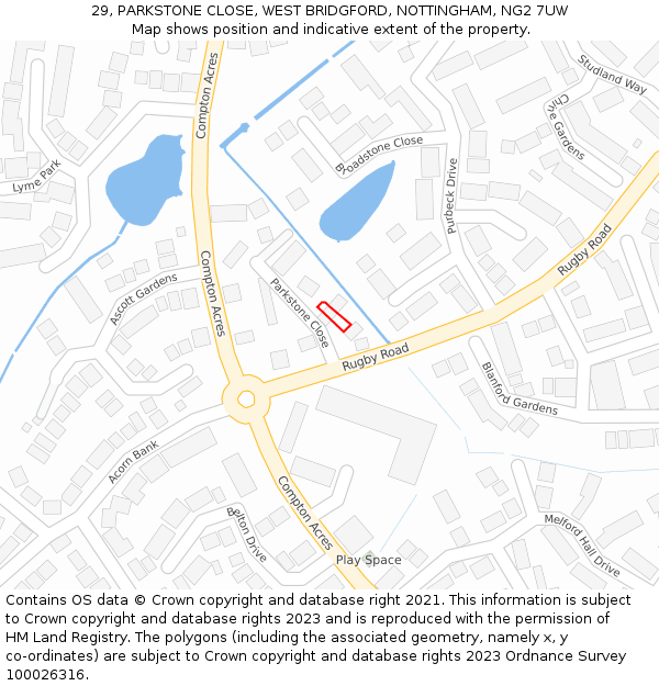 29, PARKSTONE CLOSE, WEST BRIDGFORD, NOTTINGHAM, NG2 7UW: Location map and indicative extent of plot