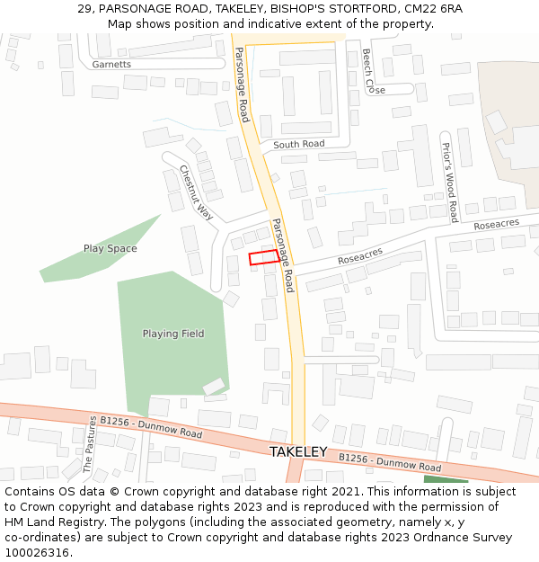 29, PARSONAGE ROAD, TAKELEY, BISHOP'S STORTFORD, CM22 6RA: Location map and indicative extent of plot