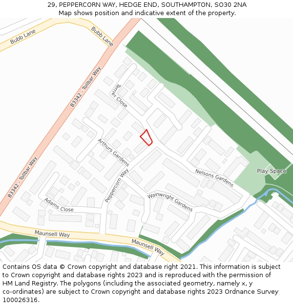 29, PEPPERCORN WAY, HEDGE END, SOUTHAMPTON, SO30 2NA: Location map and indicative extent of plot