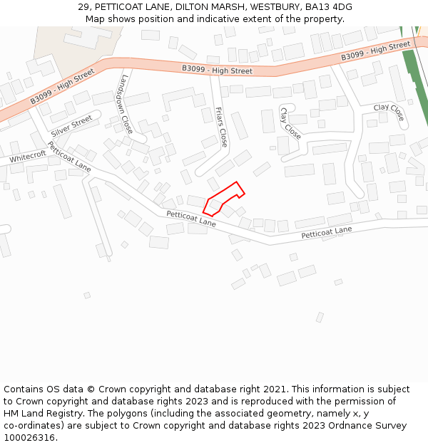 29, PETTICOAT LANE, DILTON MARSH, WESTBURY, BA13 4DG: Location map and indicative extent of plot