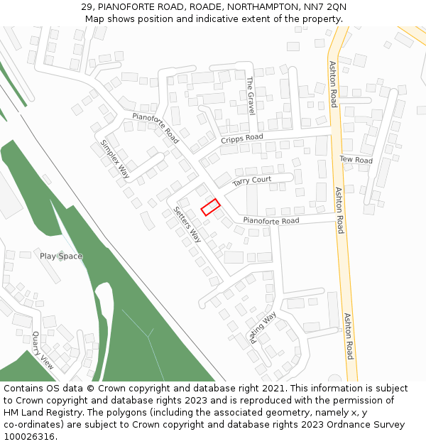 29, PIANOFORTE ROAD, ROADE, NORTHAMPTON, NN7 2QN: Location map and indicative extent of plot