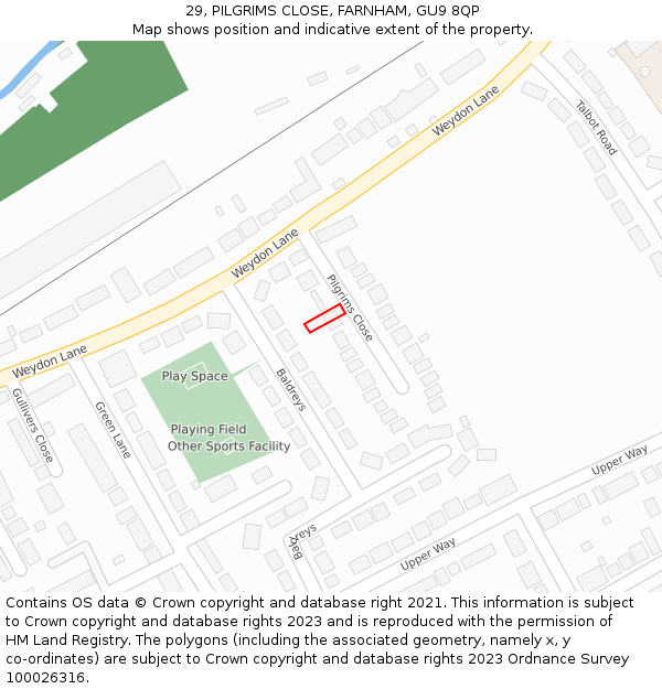29, PILGRIMS CLOSE, FARNHAM, GU9 8QP: Location map and indicative extent of plot