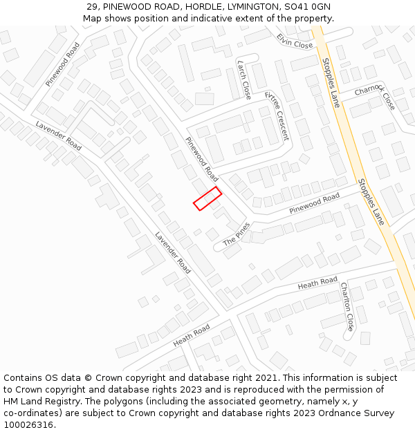 29, PINEWOOD ROAD, HORDLE, LYMINGTON, SO41 0GN: Location map and indicative extent of plot