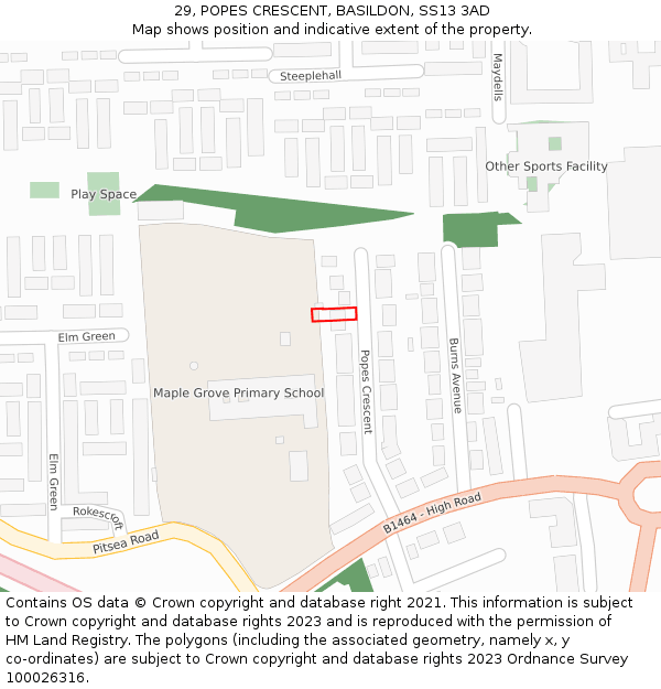 29, POPES CRESCENT, BASILDON, SS13 3AD: Location map and indicative extent of plot