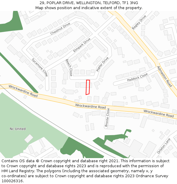 29, POPLAR DRIVE, WELLINGTON, TELFORD, TF1 3NG: Location map and indicative extent of plot