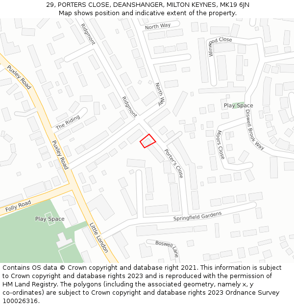 29, PORTERS CLOSE, DEANSHANGER, MILTON KEYNES, MK19 6JN: Location map and indicative extent of plot
