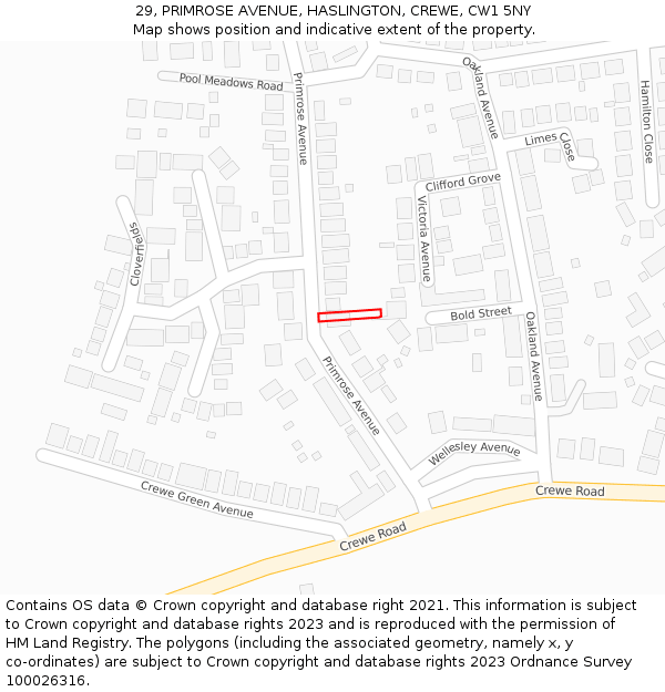 29, PRIMROSE AVENUE, HASLINGTON, CREWE, CW1 5NY: Location map and indicative extent of plot