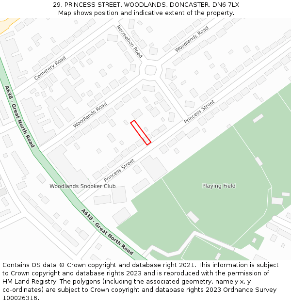 29, PRINCESS STREET, WOODLANDS, DONCASTER, DN6 7LX: Location map and indicative extent of plot