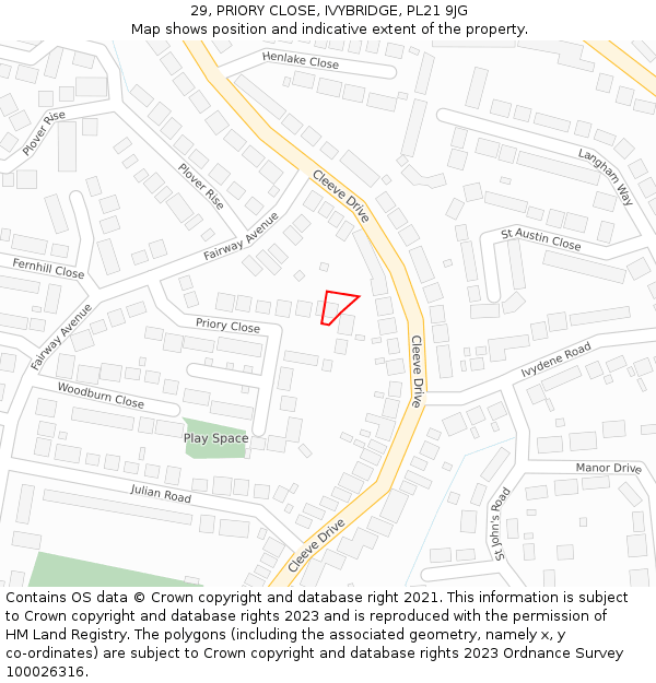 29, PRIORY CLOSE, IVYBRIDGE, PL21 9JG: Location map and indicative extent of plot