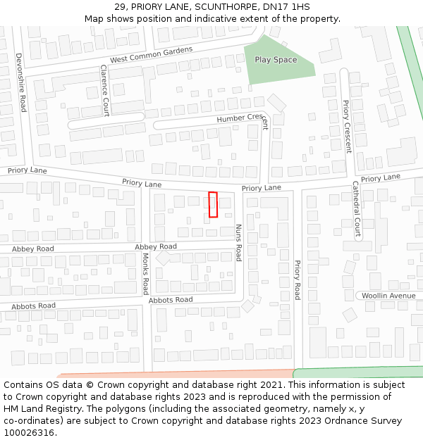 29, PRIORY LANE, SCUNTHORPE, DN17 1HS: Location map and indicative extent of plot