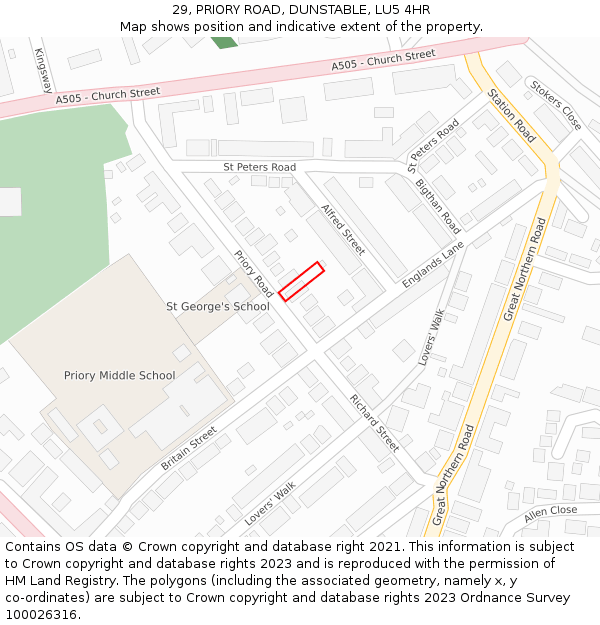 29, PRIORY ROAD, DUNSTABLE, LU5 4HR: Location map and indicative extent of plot