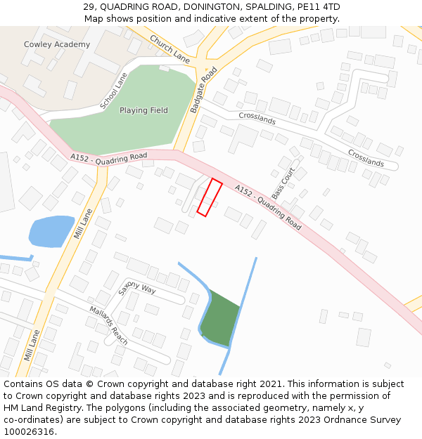 29, QUADRING ROAD, DONINGTON, SPALDING, PE11 4TD: Location map and indicative extent of plot