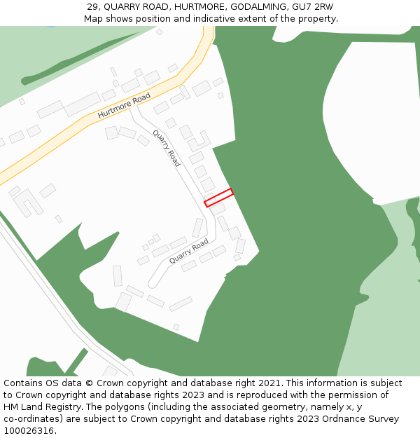 29, QUARRY ROAD, HURTMORE, GODALMING, GU7 2RW: Location map and indicative extent of plot