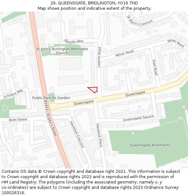 29, QUEENSGATE, BRIDLINGTON, YO16 7ND: Location map and indicative extent of plot