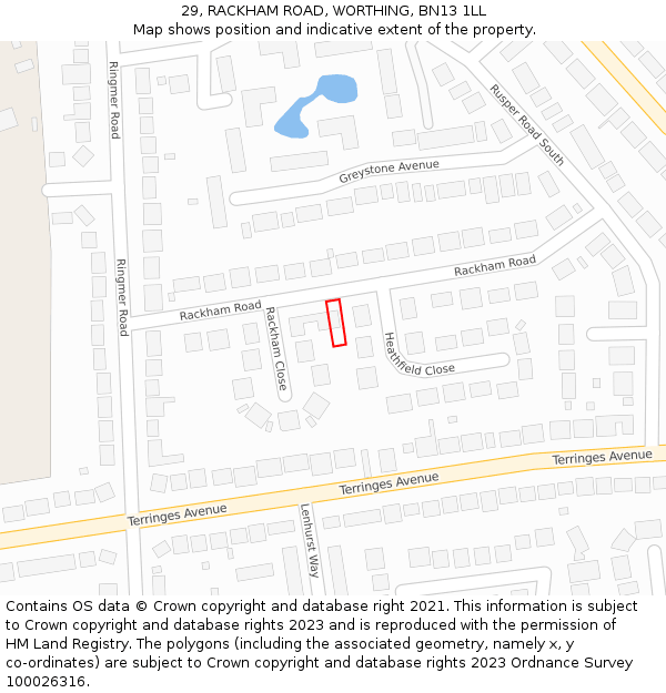 29, RACKHAM ROAD, WORTHING, BN13 1LL: Location map and indicative extent of plot