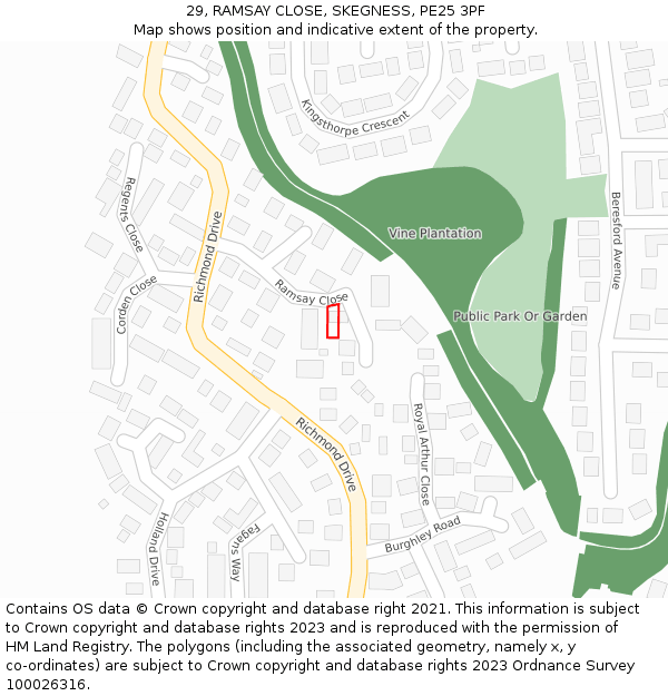 29, RAMSAY CLOSE, SKEGNESS, PE25 3PF: Location map and indicative extent of plot