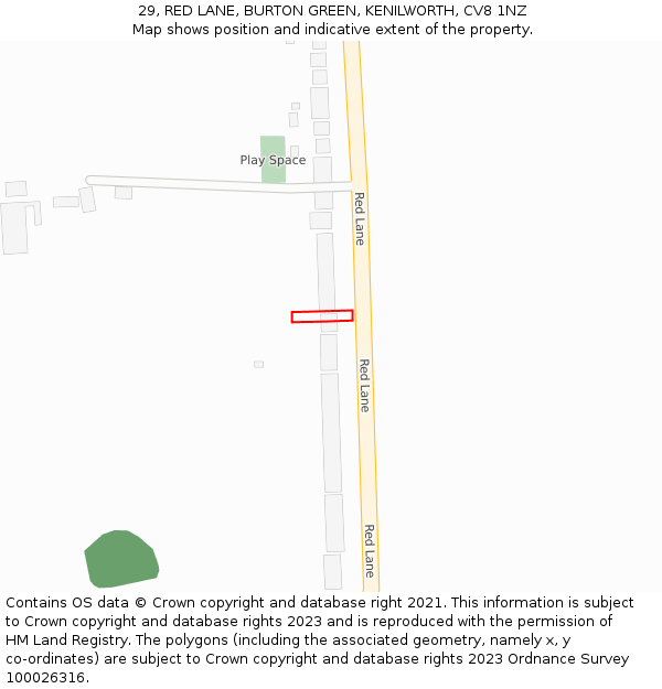 29, RED LANE, BURTON GREEN, KENILWORTH, CV8 1NZ: Location map and indicative extent of plot