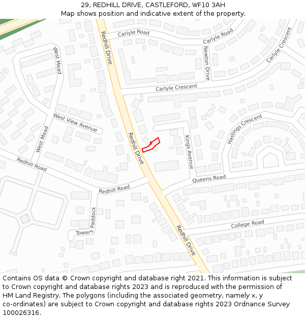 29, REDHILL DRIVE, CASTLEFORD, WF10 3AH: Location map and indicative extent of plot