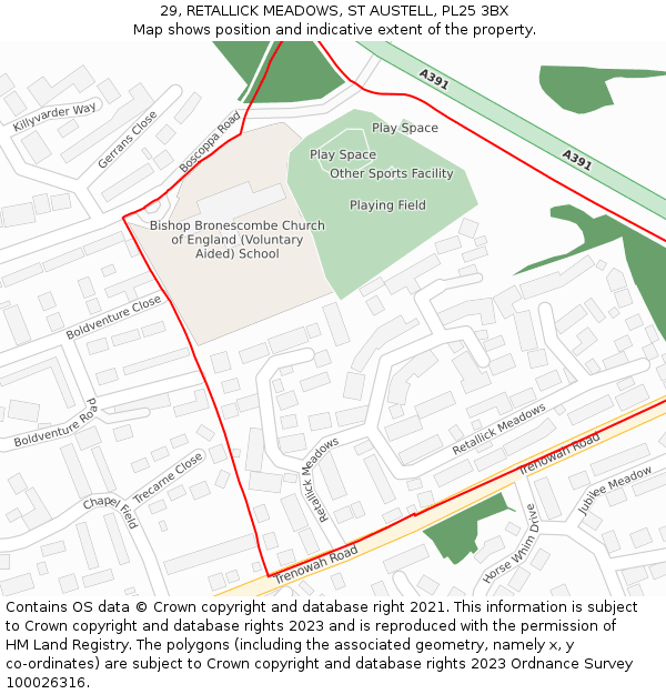 29, RETALLICK MEADOWS, ST AUSTELL, PL25 3BX: Location map and indicative extent of plot