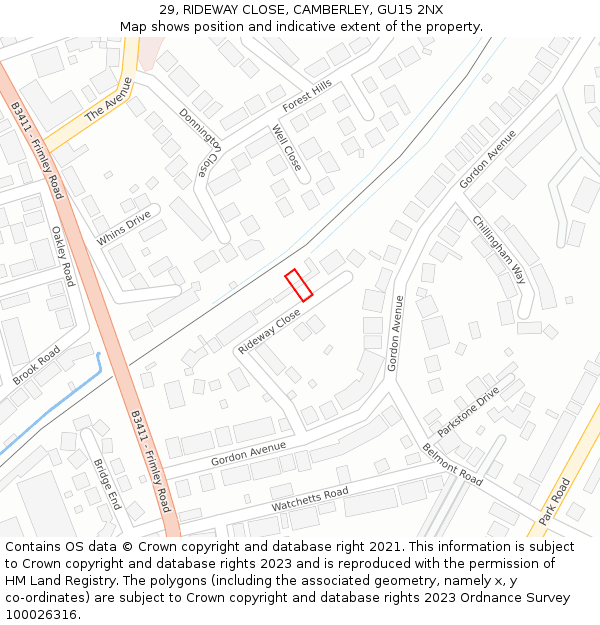 29, RIDEWAY CLOSE, CAMBERLEY, GU15 2NX: Location map and indicative extent of plot