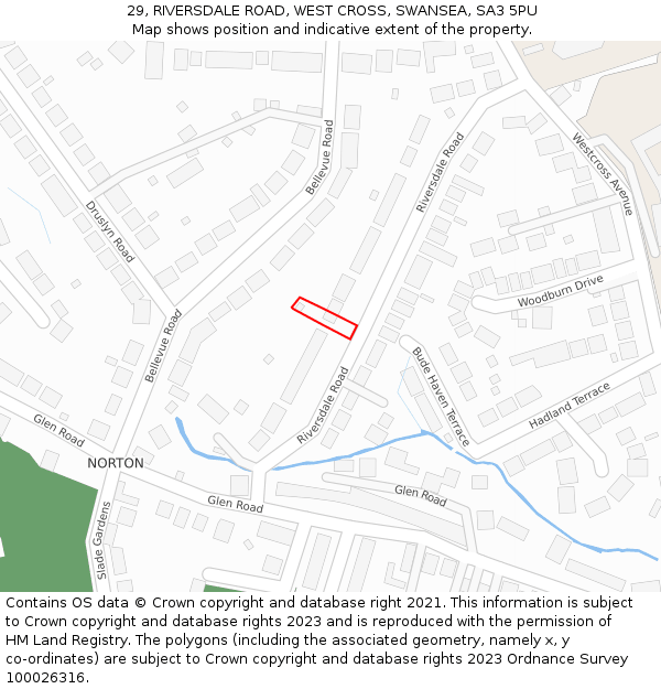 29, RIVERSDALE ROAD, WEST CROSS, SWANSEA, SA3 5PU: Location map and indicative extent of plot