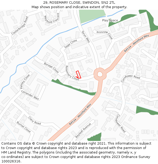 29, ROSEMARY CLOSE, SWINDON, SN2 2TL: Location map and indicative extent of plot