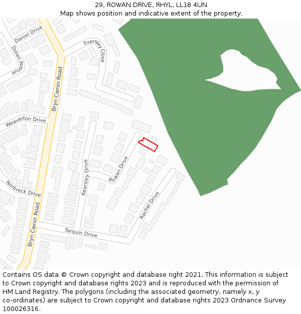 29, ROWAN DRIVE, RHYL, LL18 4UN: Location map and indicative extent of plot