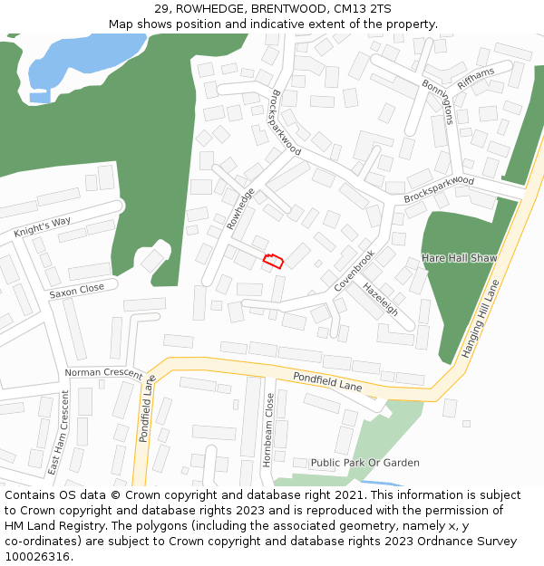 29, ROWHEDGE, BRENTWOOD, CM13 2TS: Location map and indicative extent of plot