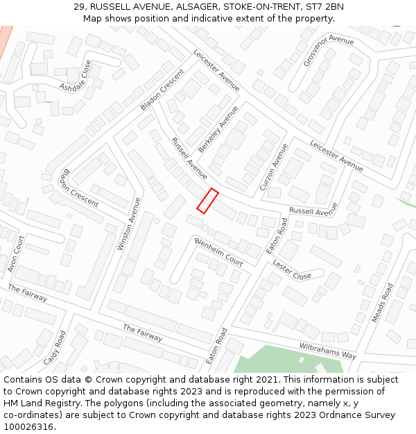 29, RUSSELL AVENUE, ALSAGER, STOKE-ON-TRENT, ST7 2BN: Location map and indicative extent of plot