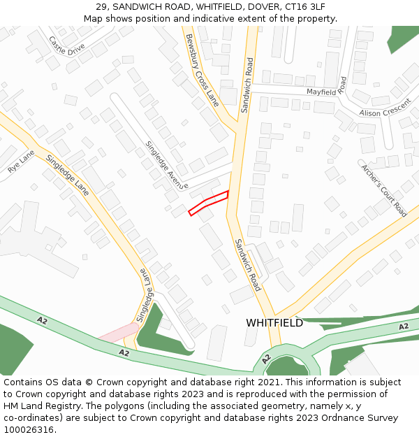 29, SANDWICH ROAD, WHITFIELD, DOVER, CT16 3LF: Location map and indicative extent of plot