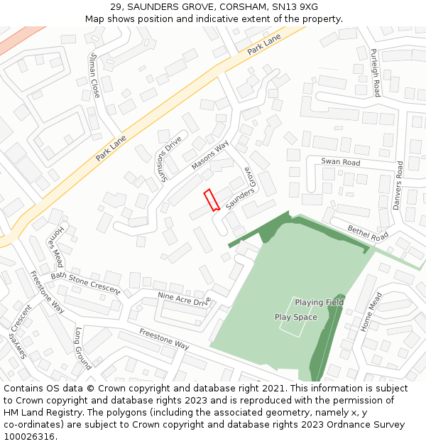 29, SAUNDERS GROVE, CORSHAM, SN13 9XG: Location map and indicative extent of plot