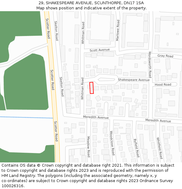 29, SHAKESPEARE AVENUE, SCUNTHORPE, DN17 1SA: Location map and indicative extent of plot