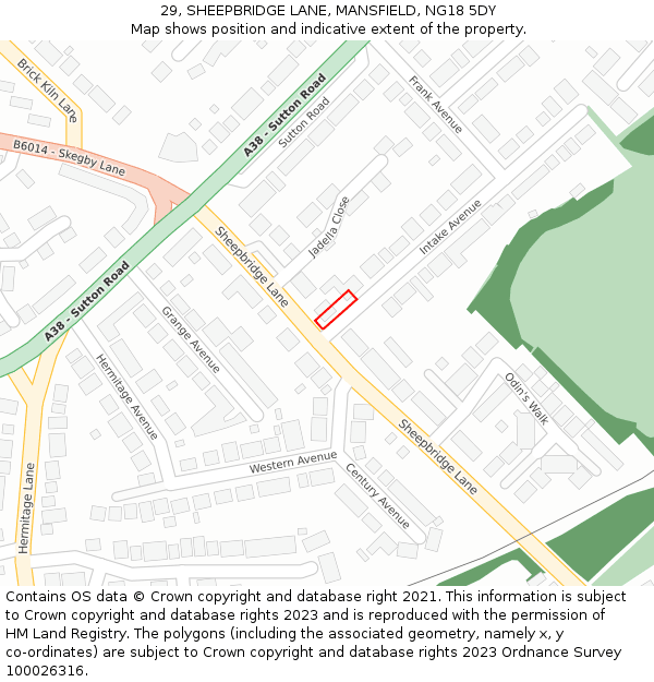 29, SHEEPBRIDGE LANE, MANSFIELD, NG18 5DY: Location map and indicative extent of plot