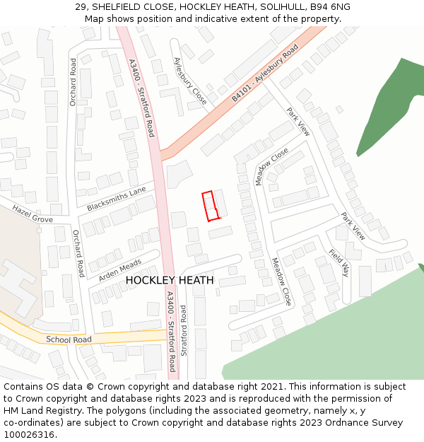 29, SHELFIELD CLOSE, HOCKLEY HEATH, SOLIHULL, B94 6NG: Location map and indicative extent of plot
