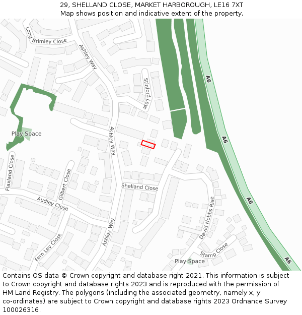 29, SHELLAND CLOSE, MARKET HARBOROUGH, LE16 7XT: Location map and indicative extent of plot