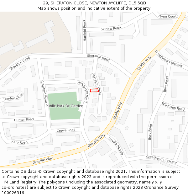 29, SHERATON CLOSE, NEWTON AYCLIFFE, DL5 5QB: Location map and indicative extent of plot